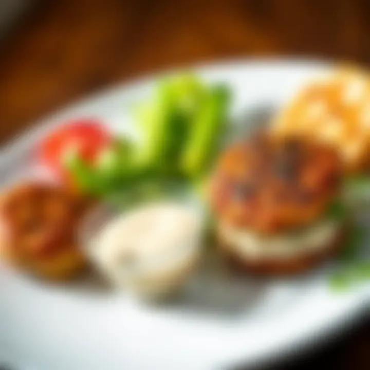 Plated Crabmeat Patty with Dipping Sauce A beautifully plated crabmeat patty with a side of dipping sauce