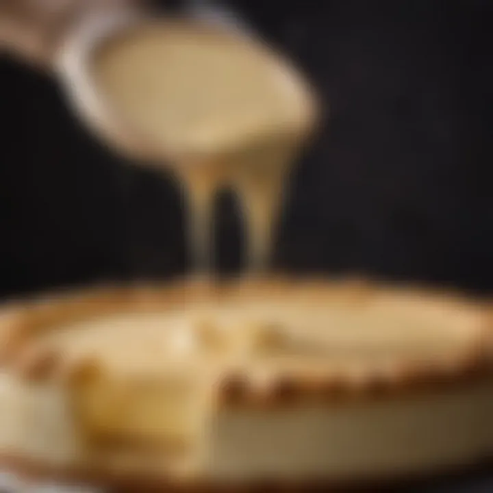 Close-up of the creamy filling being poured into the uncooked crust