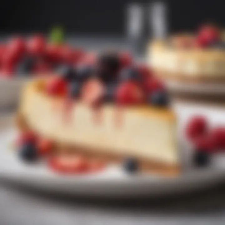 A slice of the finished cheesecake adorned with fresh berries