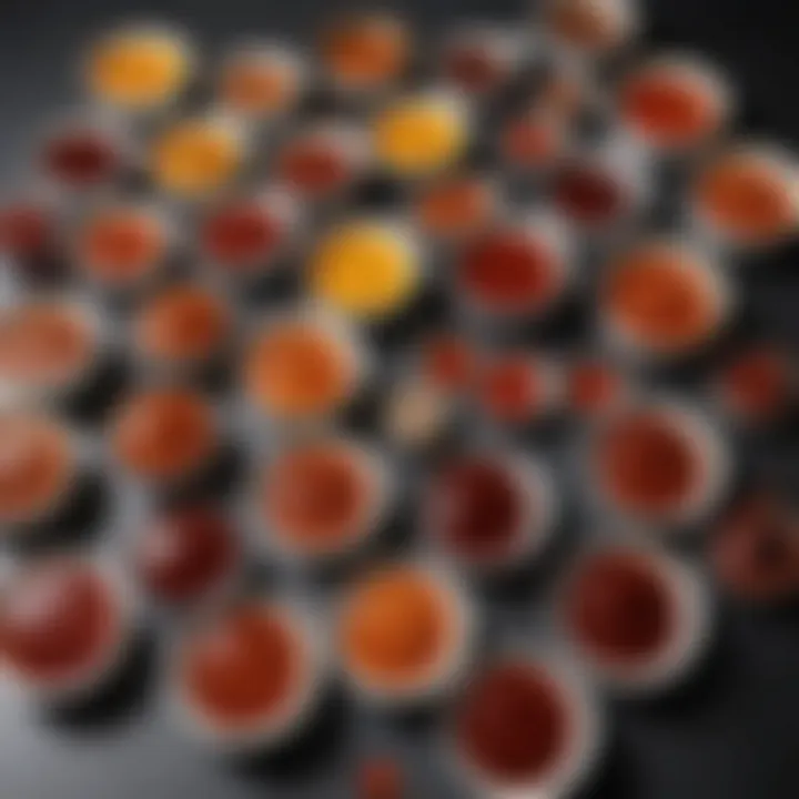 A colorful array of barbecue sauce variations displayed in small bowls.