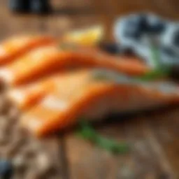Freshly caught salmon fillets arranged on a rustic wooden table