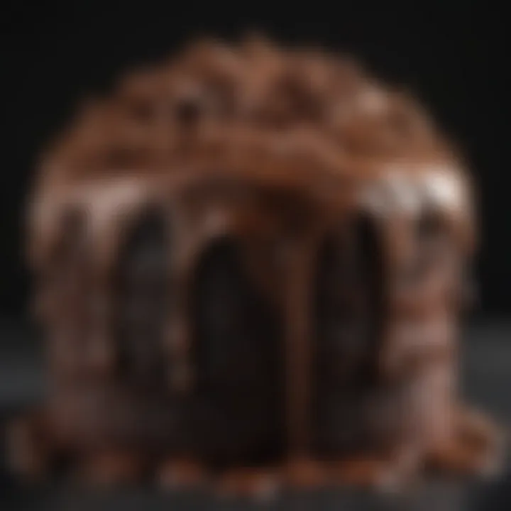 Close-up of a rich chocolate frosting spread on a cake.