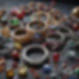 Close-up of various ring materials including metal, gemstones, and beads.