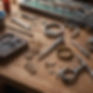 Assorted jewelry-making tools laid out on a workbench.