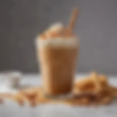 Selection of fresh ingredients for the perfect frappuccino, including coffee, milk, and caramel sauce