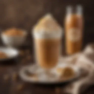 A beautifully presented caramel frappuccino served in a stylish glass with a decorative napkin