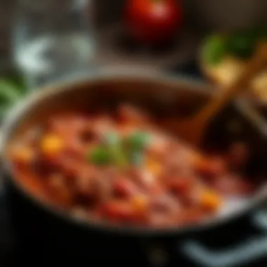 A rich and hearty meat sauce simmering in a pot