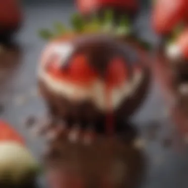 Close-up of a chocolate covered strawberry drizzled with white chocolate