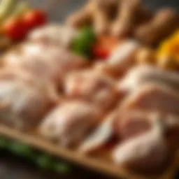 A variety of chicken cuts laid out on a wooden board