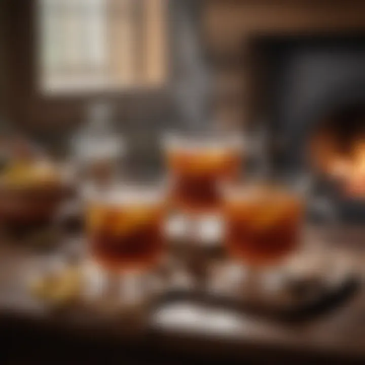 A cozy setting featuring a hot toddy beside a crackling fireplace