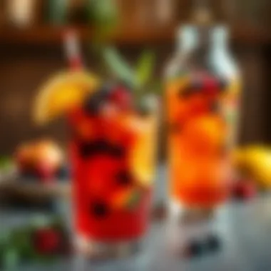 A vibrant summer punch garnished with fresh fruits and herbs