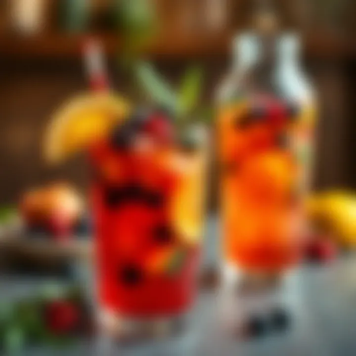 A vibrant summer punch garnished with fresh fruits and herbs