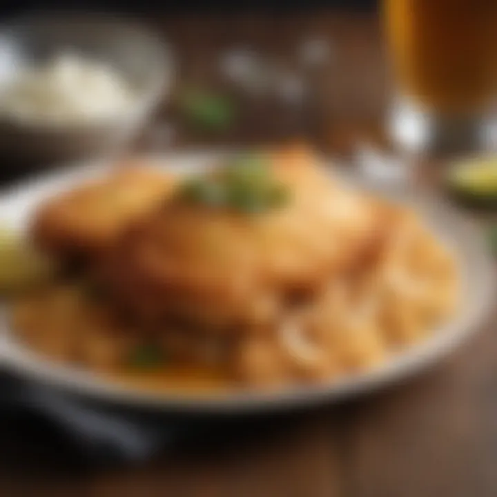 A close-up of golden brown beer battered fish on a plate