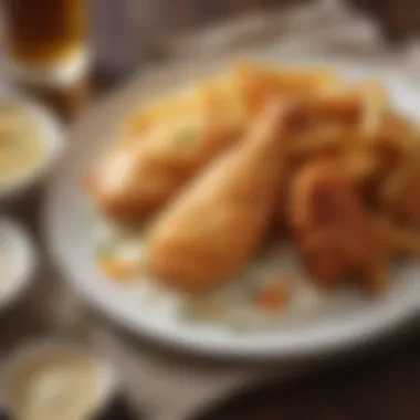 A beautifully arranged plate of beer battered fish with sides