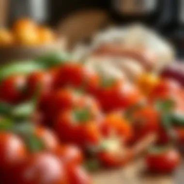 An array of fresh ingredients for chili, including tomatoes and peppers