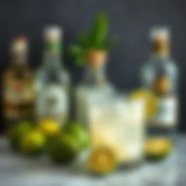 Fresh limes and tequila bottles arranged artistically