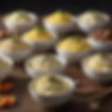 A variety of mashed potato flavors, including garlic, cheese, and truffle, displayed in small bowls.