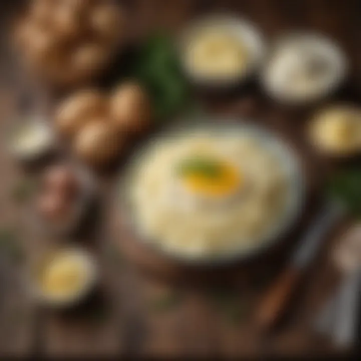 An array of ingredients including potatoes, butter, and cream laid out on a rustic wooden table.