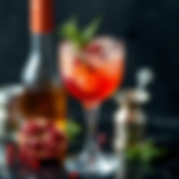 A sophisticated cocktail garnished with pomegranate seeds and herbs