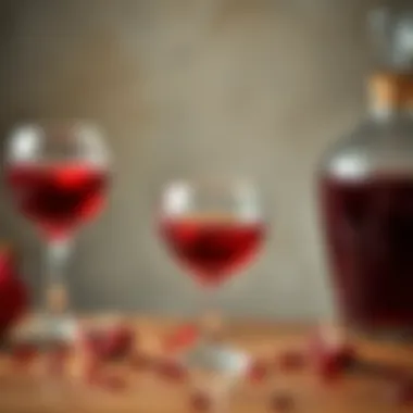 Elegant glassware filled with a deep red pomegranate liqueur