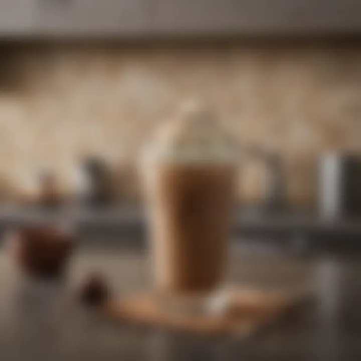 A refreshing glass of Mocha Frappuccino with a straw, set against a cozy kitchen backdrop