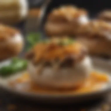 A close-up of a fork lifting a delicious stuffed mushroom, revealing the cheesy filling.