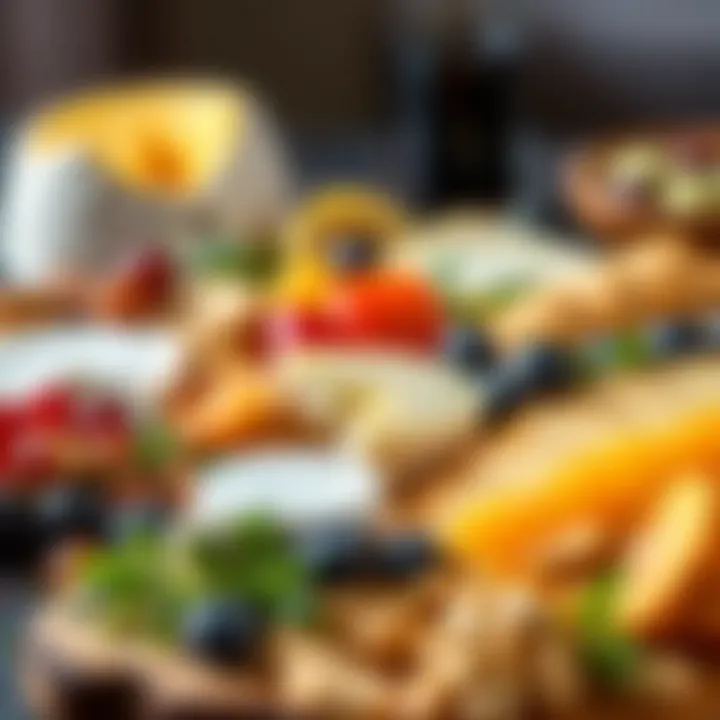 A stunning charcuterie board featuring an assortment of creamy cheeses alongside fruits and nuts.