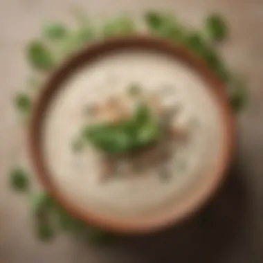 Close-up of a bowl filled with creamy chipotle ranch dressing garnished with herbs