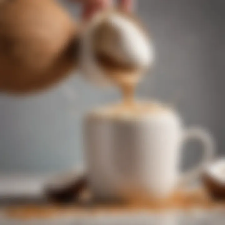 A close-up view of creamy coconut milk being poured into a coffee cup