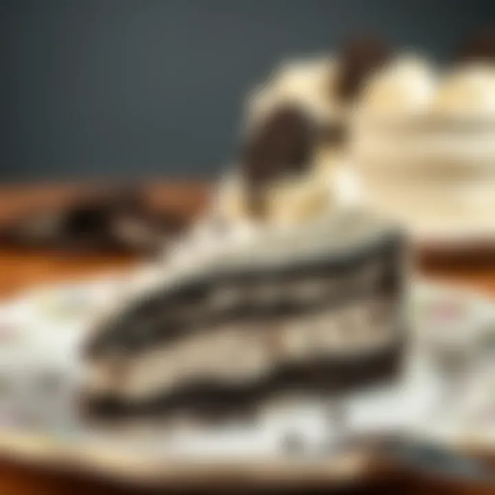A Slice of Indulgence: Oreo Ice Cream Cake Slice of Oreo ice cream cake on a decorative plate