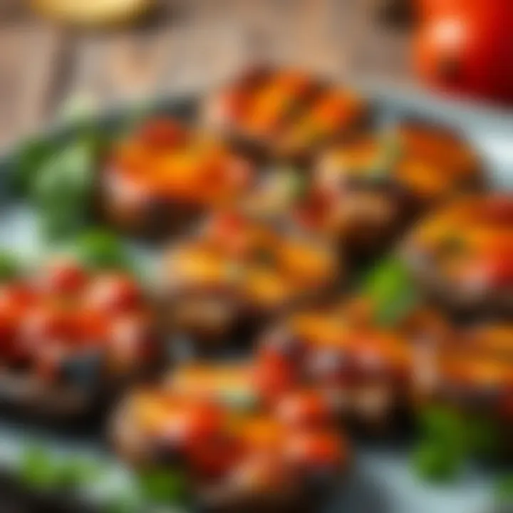 Tangy Grilled Portobello Mushrooms An array of grilled portobello mushrooms marinated in a tangy sauce, served with a side of fresh herbs.