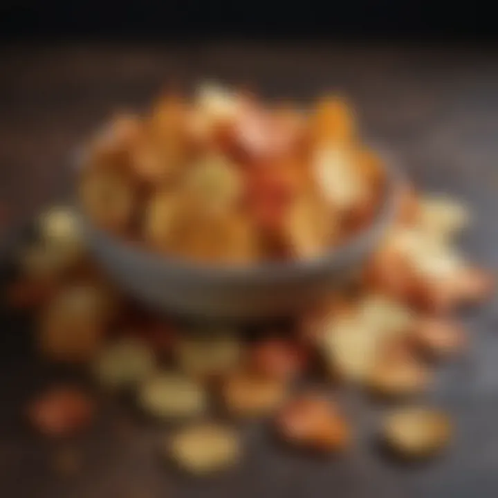 Close-up of crispy vegetable chips in a bowl with various spices