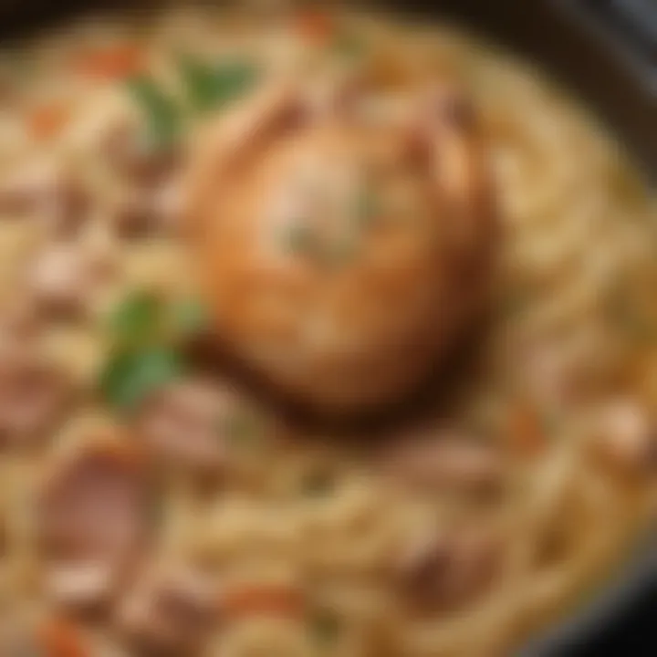 A close-up view of tender chicken and al dente noodles in a savory broth.