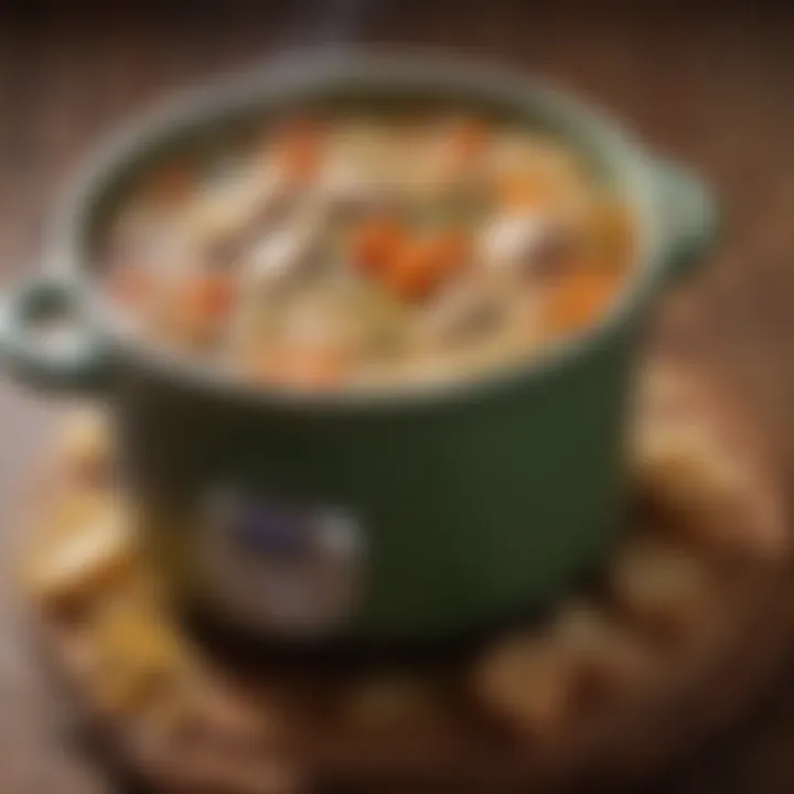 A slow cooker filled with chicken noodle soup, bubbling with flavor and rich aromas.