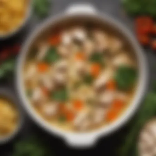 A vibrant display of fresh ingredients for chicken noodle soup, including herbs, vegetables, and chicken.