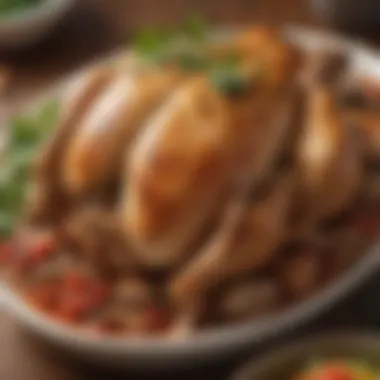 A bowl of finished crockpot chicken garnished with herbs