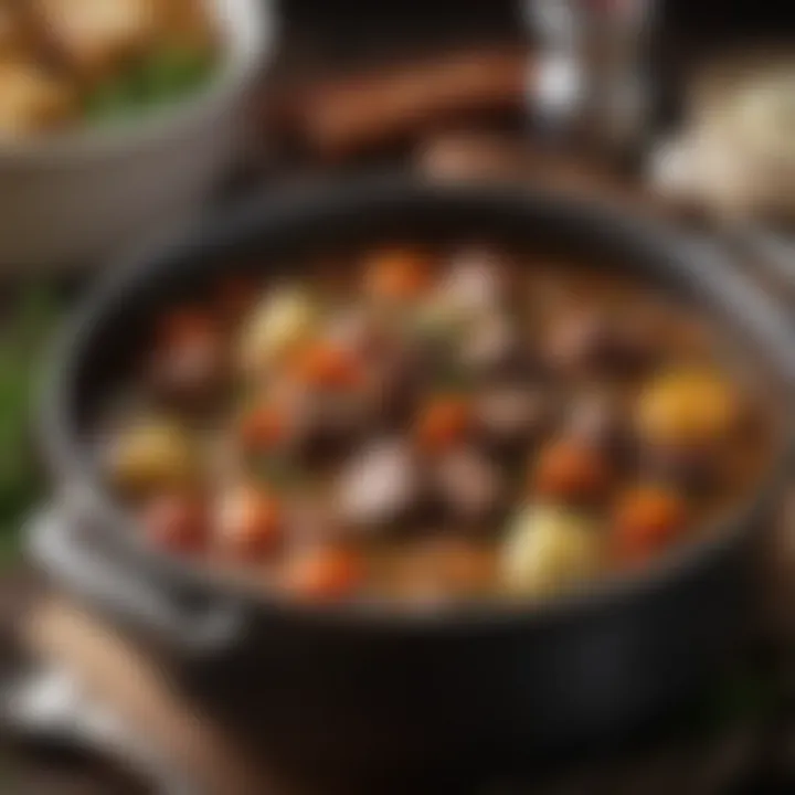 A hearty beef stew simmering in a crockpot with fresh herbs