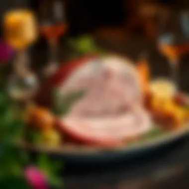 Elegant Platter of Pre-Cooked Ham with Garnishes Elegant platter of pre-cooked ham garnished with fruits and nuts