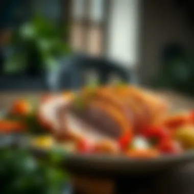 Savory Pre-Cooked Ham Dish with Seasonal Accompaniments Savory pre-cooked ham dish served with seasonal vegetables