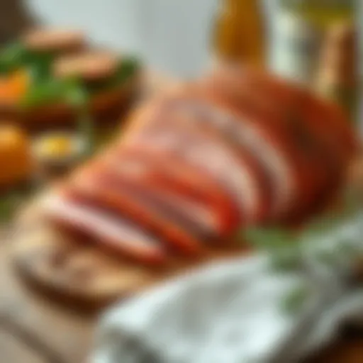 Artfully Arranged Sliced Pre-Cooked Ham Sliced pre-cooked ham on a wooden board with herbs