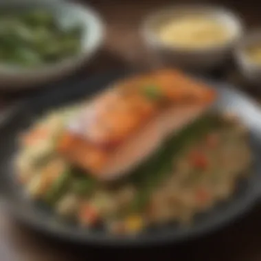Grilled Salmon Delight A beautifully plated grilled salmon with asparagus and quinoa