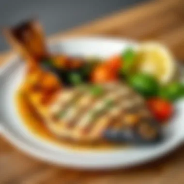 A beautifully plated dish featuring grilled fish and herbs