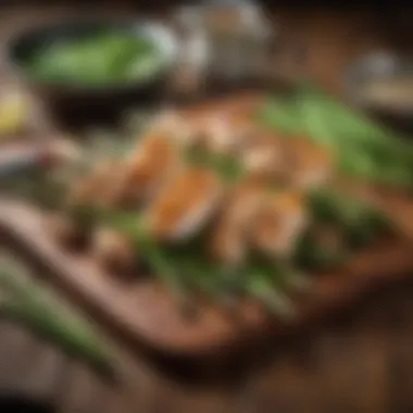 Fresh asparagus spears arranged with marinated chicken pieces on a rustic wooden table