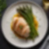 A beautifully plated dish featuring juicy chicken breast and vibrant asparagus, garnished with herbs