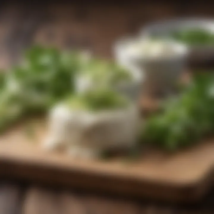 Close-up of creamy mascarpone cheese alongside fresh sprouts on a wooden board.