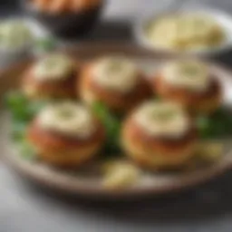 A sumptuous platter of traditional crab cakes garnished with herbs and served with a zesty remoulade sauce.