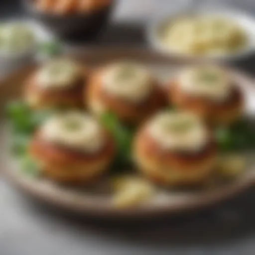 A sumptuous platter of traditional crab cakes garnished with herbs and served with a zesty remoulade sauce.