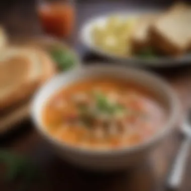 A rustic table setting featuring a hearty bowl of Maryland crab soup, adorned with fresh herbs and a slice of crusty bread.
