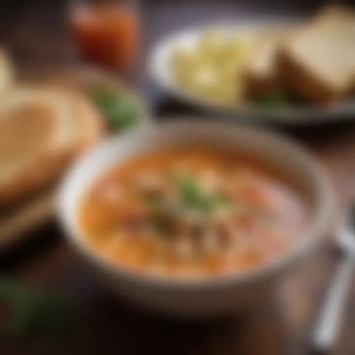 A rustic table setting featuring a hearty bowl of Maryland crab soup, adorned with fresh herbs and a slice of crusty bread.