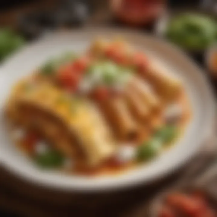 Close-up of a beautifully arranged plate of enchiladas garnished with fresh ingredients